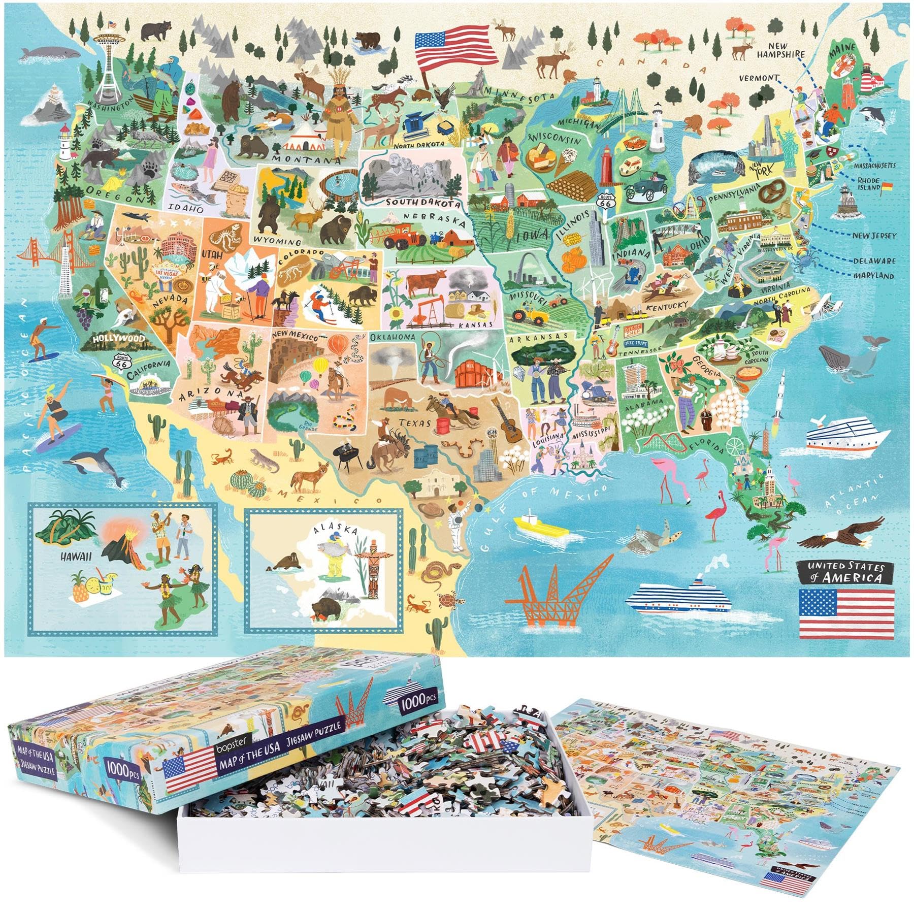 Bopster USA map puzzle cover shows vibrant design for family play