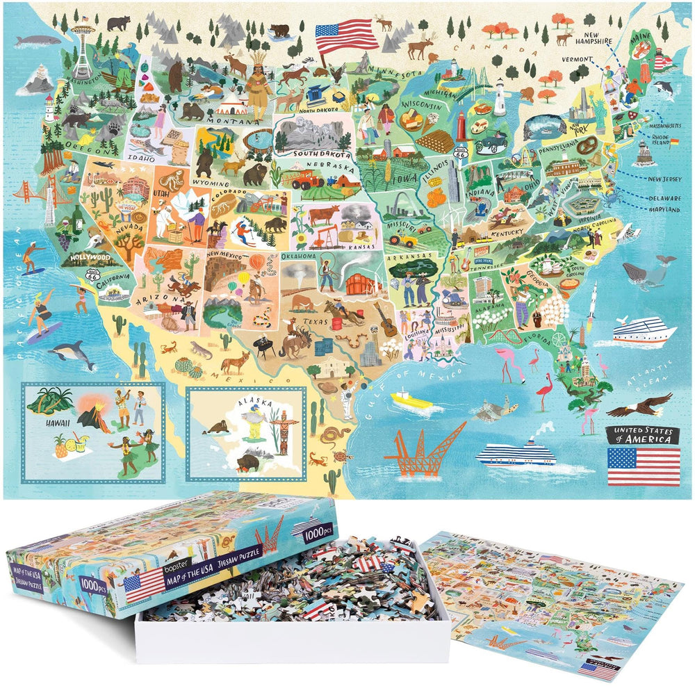 Bopster USA map puzzle cover shows vibrant design for family play