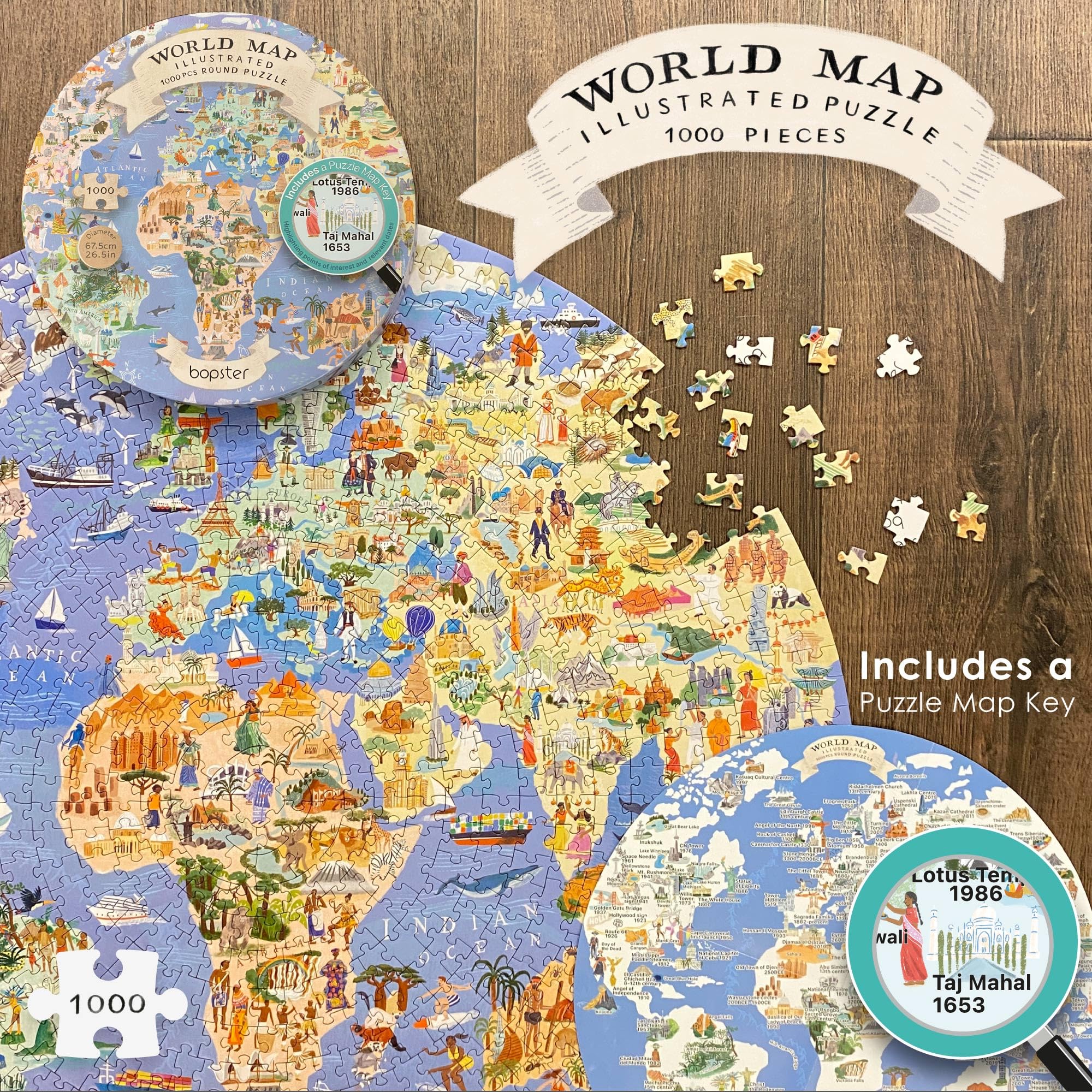 Bopster world map artwork featuring landmarks and animals