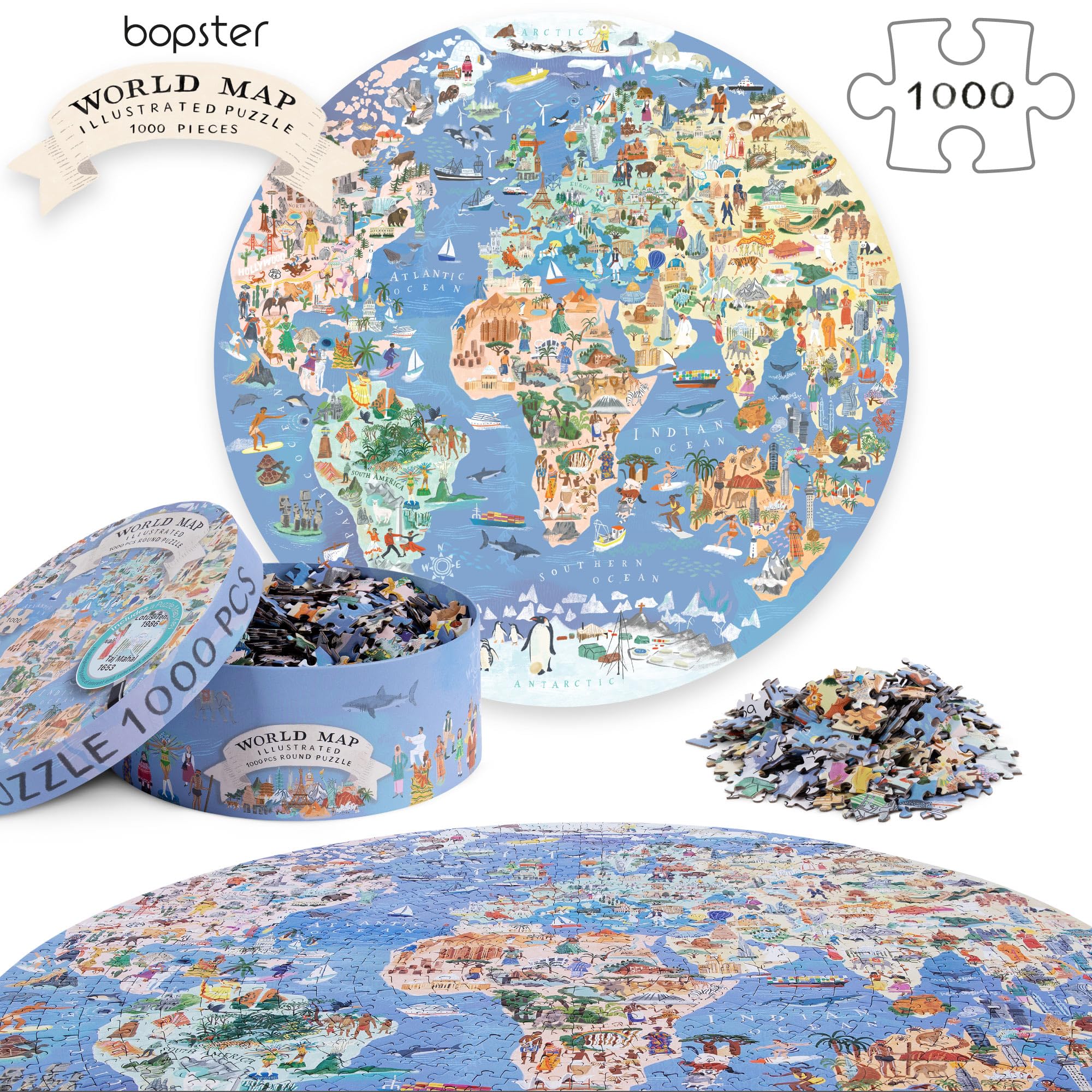 Completed Bopster world map puzzle showing 26.5-inch diameter centerpiece