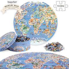 Completed Bopster world map puzzle showing 26.5-inch diameter centerpiece