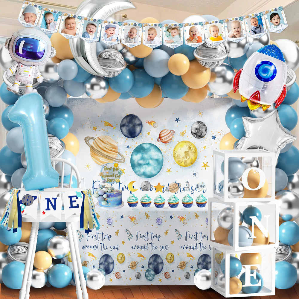 BORAMDO highchair banner adds space flair to the party table.