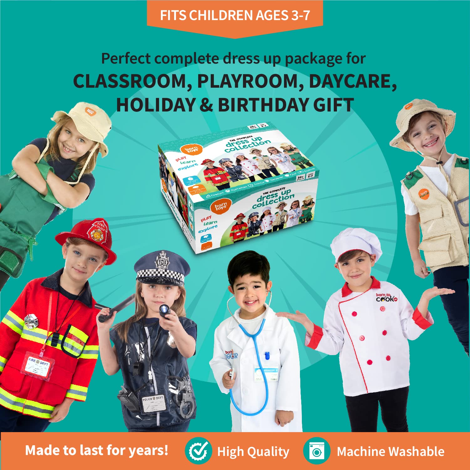 Born Toys machine washable dress-up set, quick cleanup after play