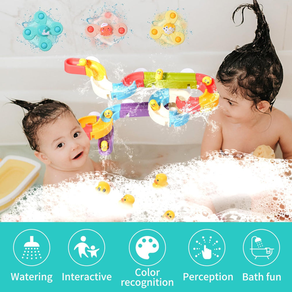 Six mini duck toys glide along the track for playful sensory exploration