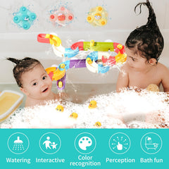 Six mini duck toys glide along the track for playful sensory exploration
