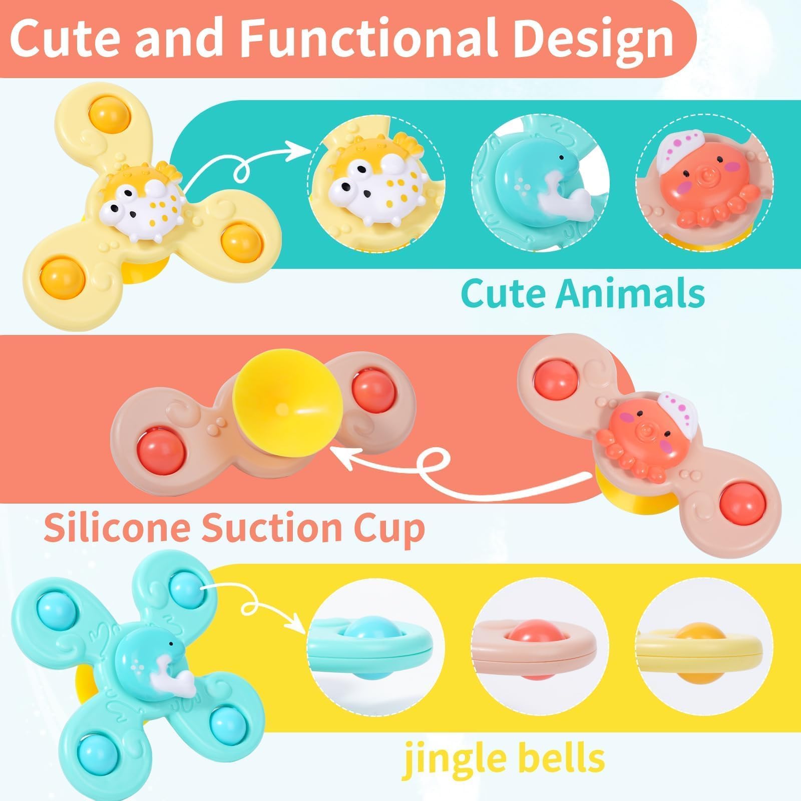 Three suction cup rotating toys to boost grasping and hand-eye coordination during bath
