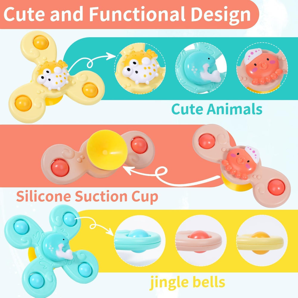 Three suction cup rotating toys to boost grasping and hand-eye coordination during bath