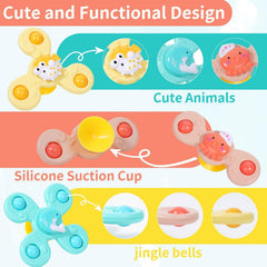 Three suction cup rotating toys to boost grasping and hand-eye coordination during bath