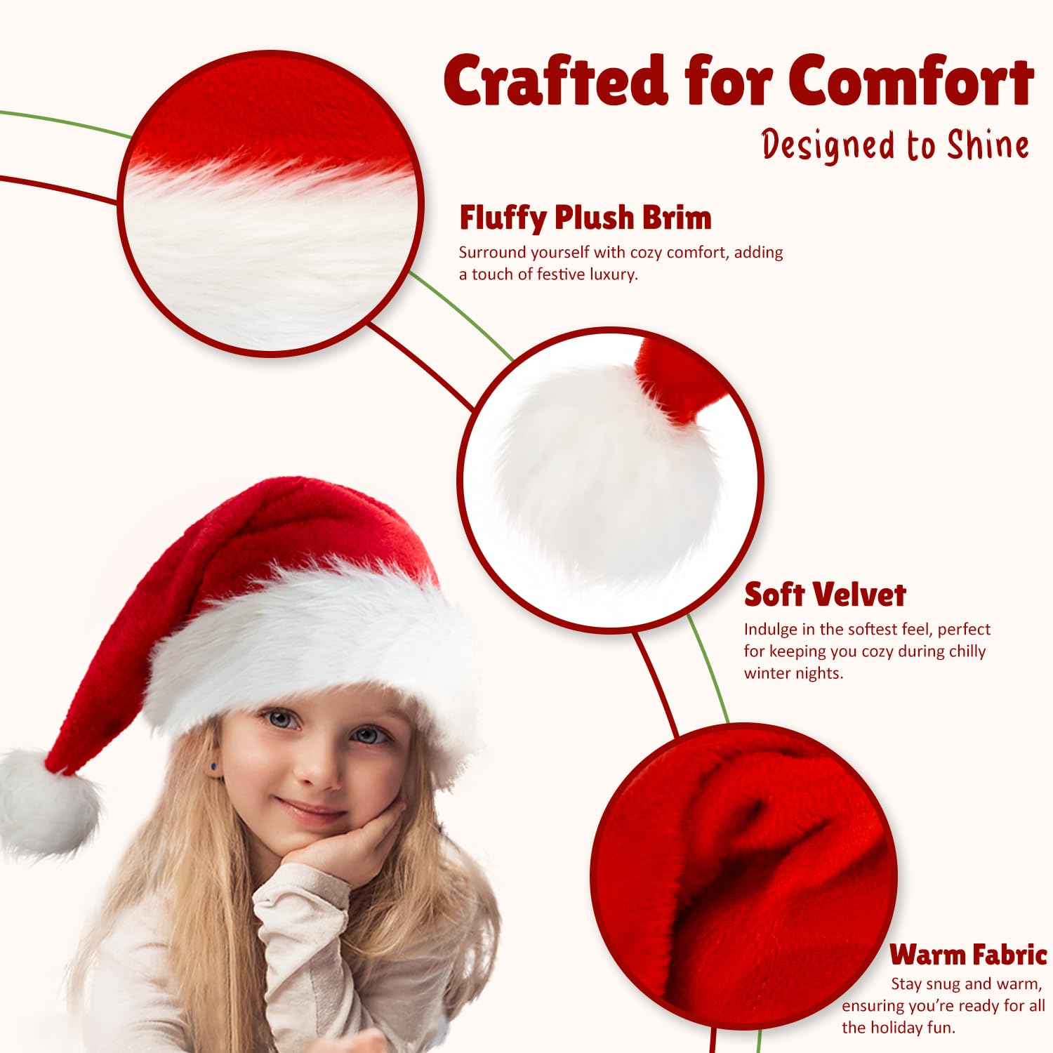 BOSONER Santa Hat Light Up side view highlighting soft plush and safe LEDs.
