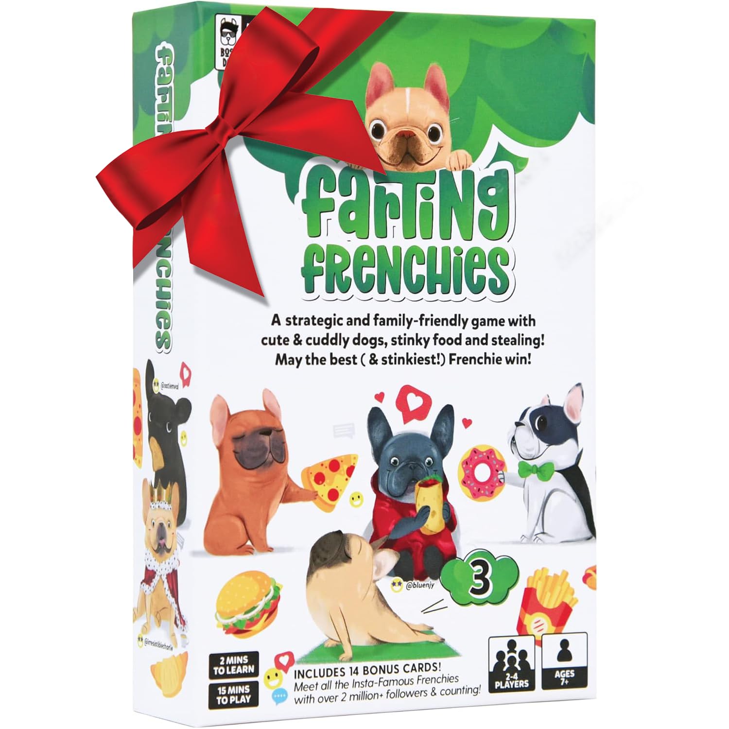 BOSS DOG GAMES Farting Frenchies card deck showing vibrant pup artwork and game cards
