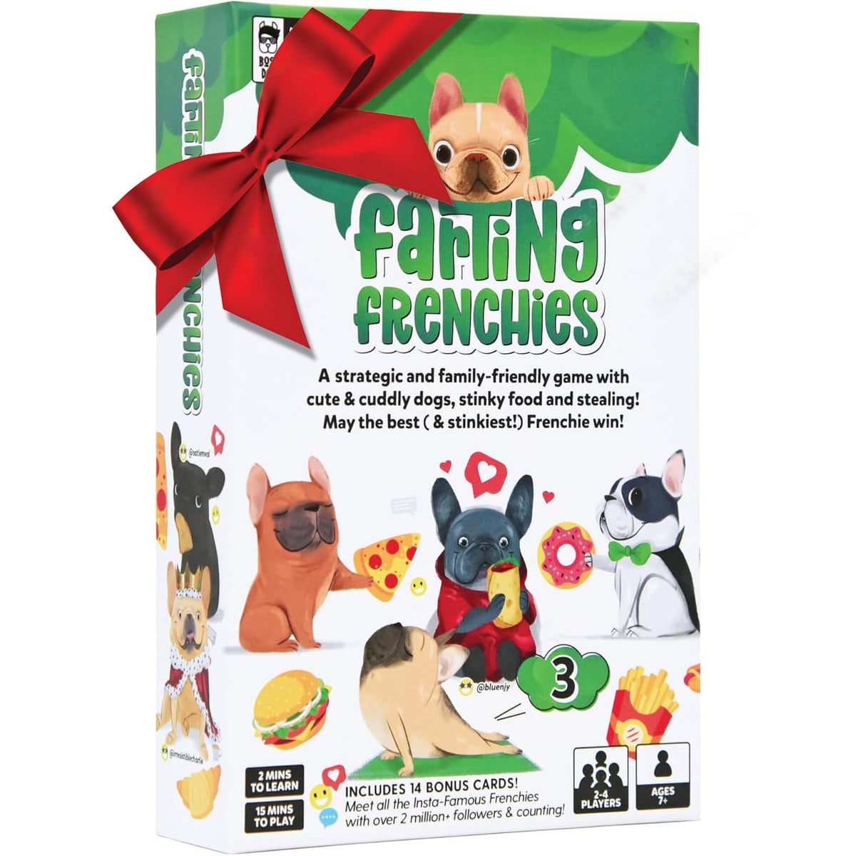 BOSS DOG GAMES Farting Frenchies card deck showing vibrant pup artwork and game cards