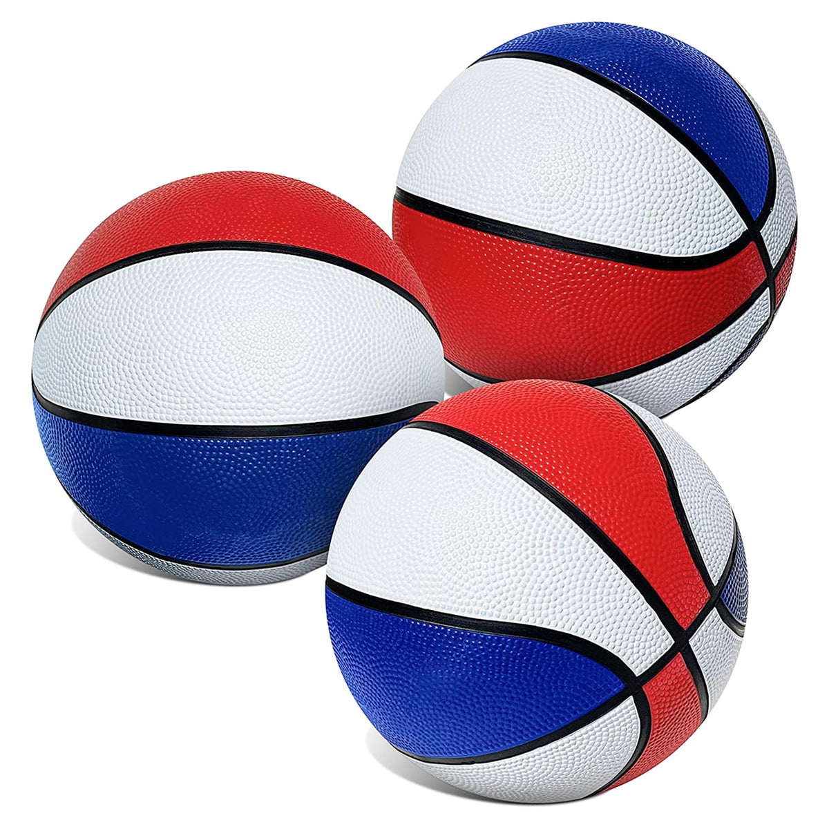 Botabee 7-inch mini basketball close-up in red, white, blue, ideal for arcade play.