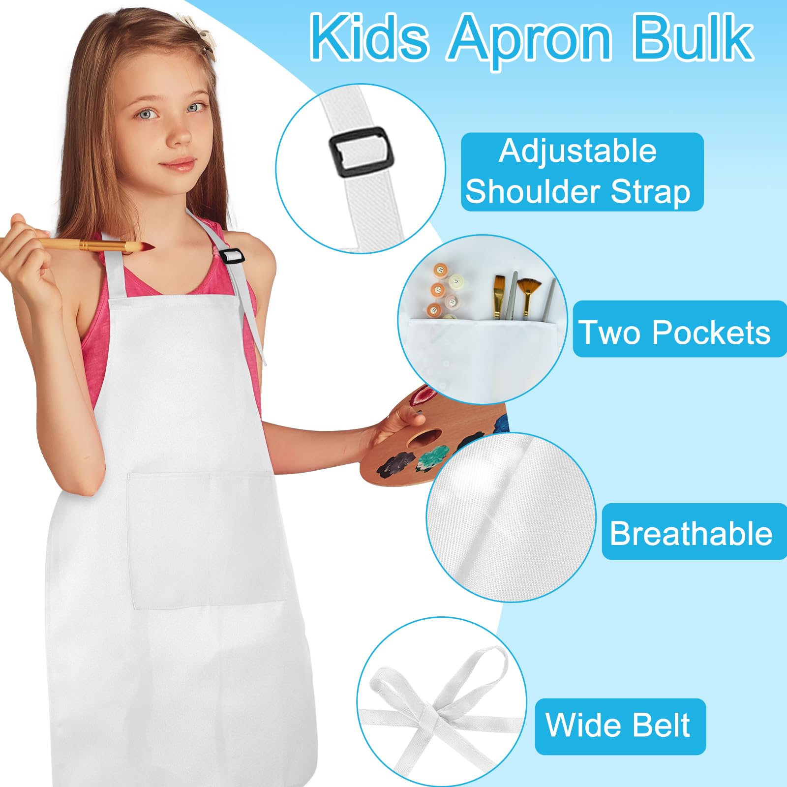 Adjustable shoulder straps on a Bouboni apron support growing kids.