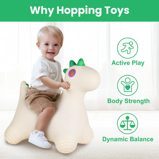 Bouncy Pals Dinosaur Hopping Horse child riding promotes balance and coordinated movement.