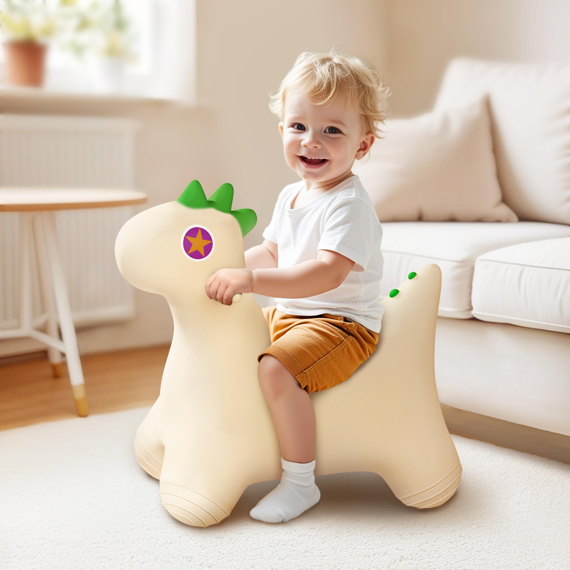 Bouncy Pals Dinosaur Hopping Horse front view for safe indoor and outdoor fun.