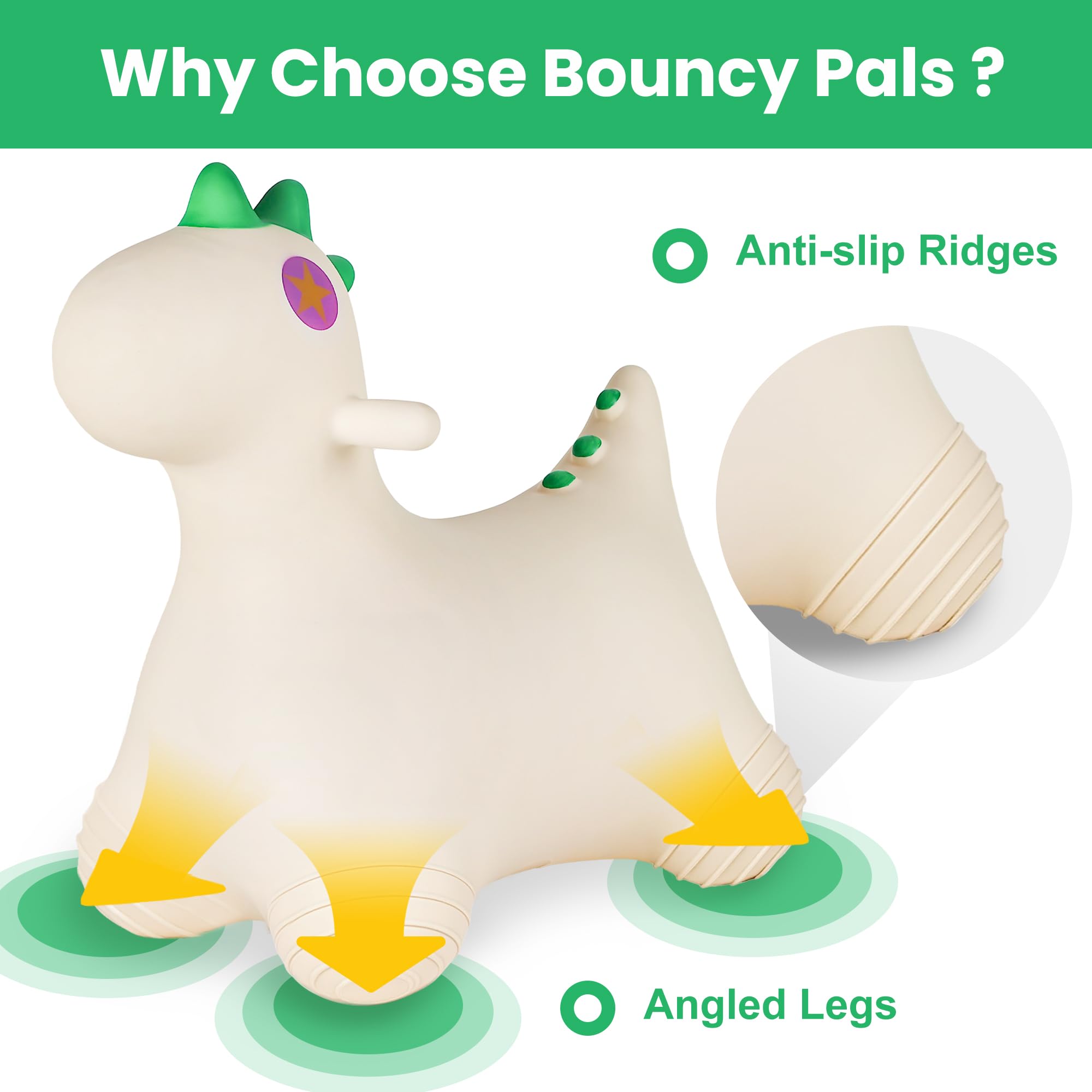 Bouncy Pals Dinosaur Hopping Horse usable indoors or outdoors for versatile play.