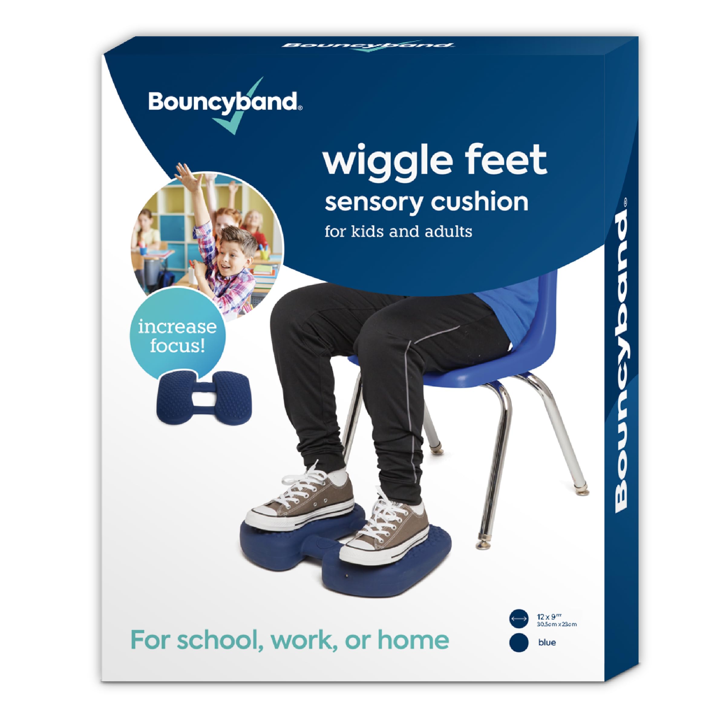 Bouncy Bands Wiggle Feet dark blue under-desk cushion for focused work.