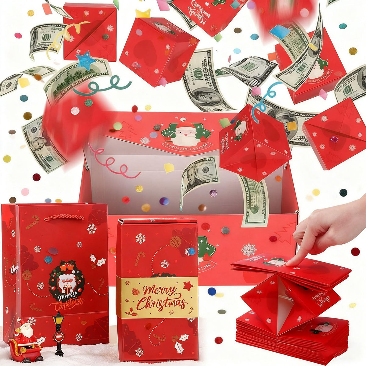 BOVVSKY cash explosion box red at rest, ideal gift presentation.