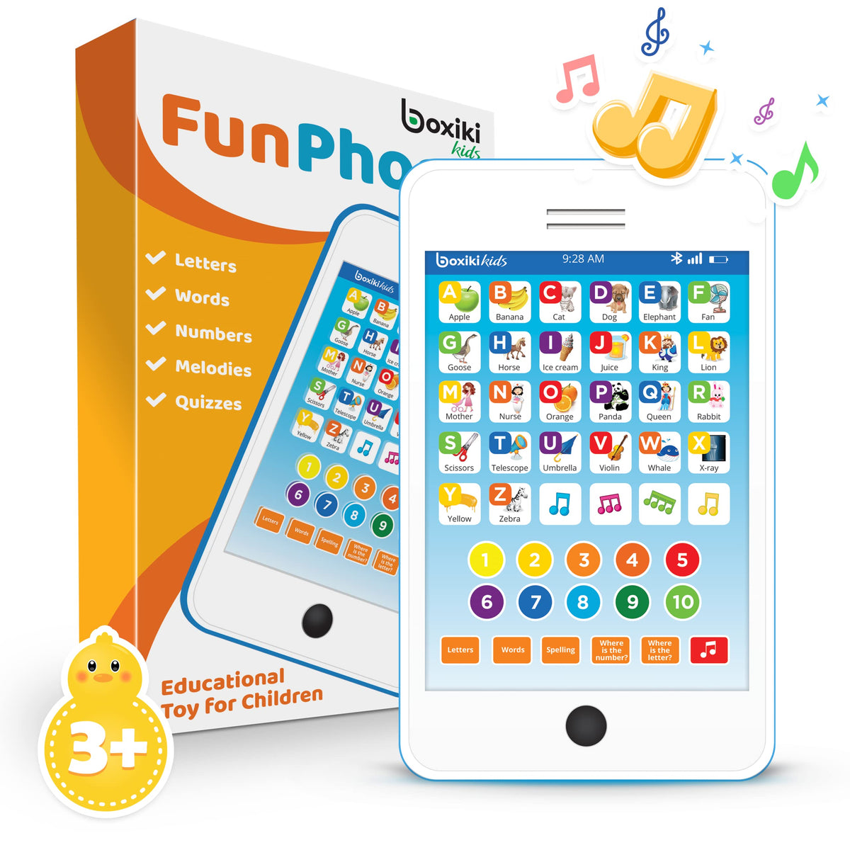 Boxiki Kids 6-in-1 phone toy front view enhances early literacy and curiosity