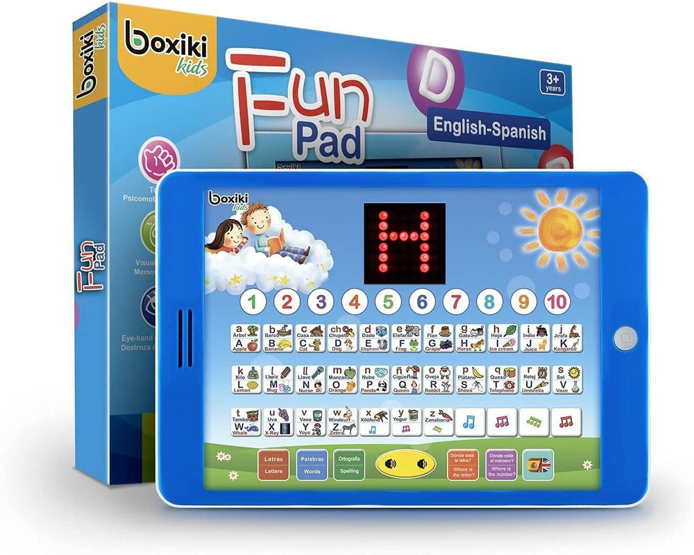 Boxiki Kids Spanish-English tablet front view for bilingual learning on the go.