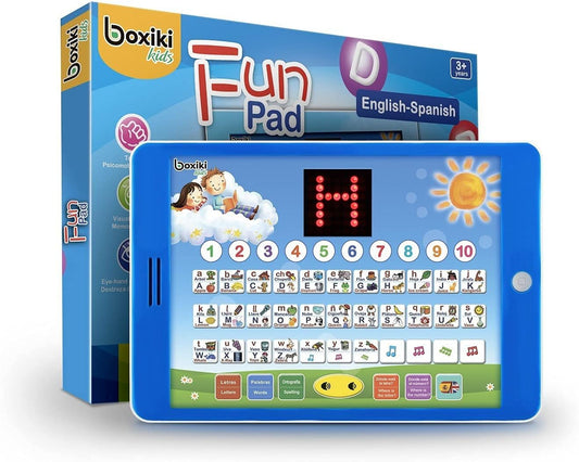 Boxiki Kids Spanish-English tablet front view for bilingual learning on the go.