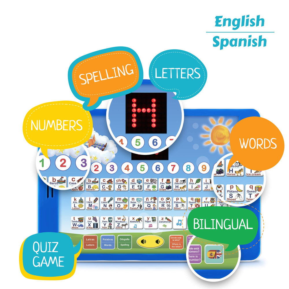 Boxiki Kids tablet screen display shows letters and words to boost visual learning.