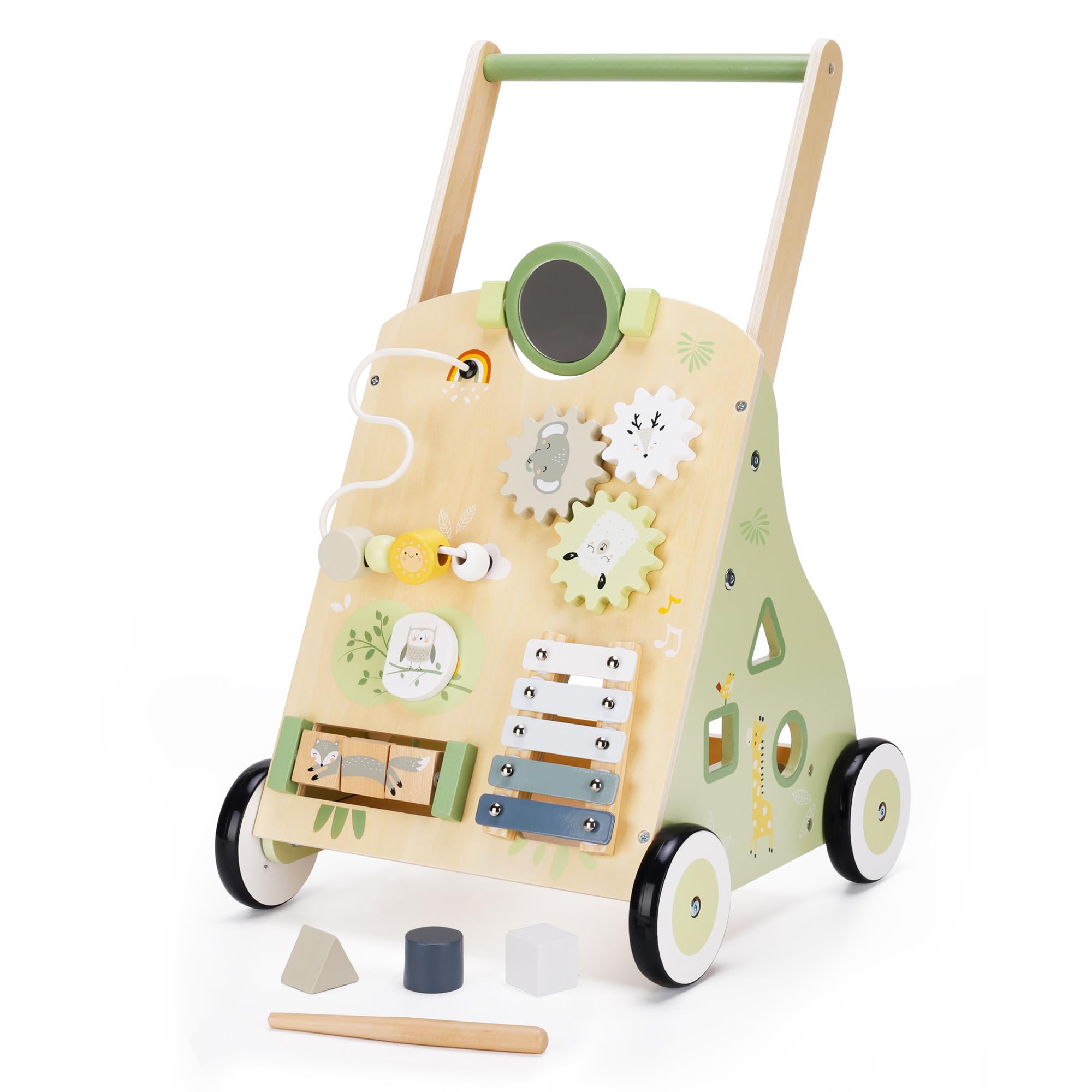 BPMFKID wooden baby push walker with an easy grip handle for first steps.