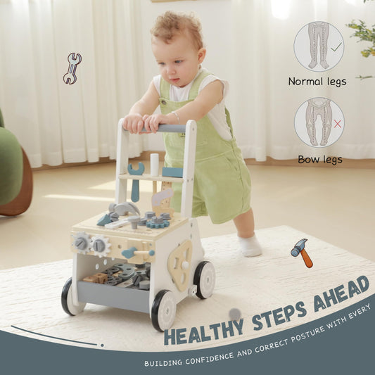 bpmfkid wooden baby push walker tools closeup shows hands-on pretend play