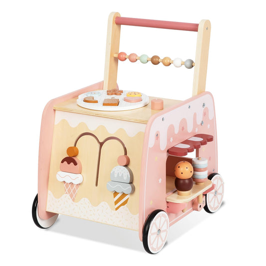 Bpmfkid wooden ice cream cart walker with donut sorter promotes fine motor skills.
