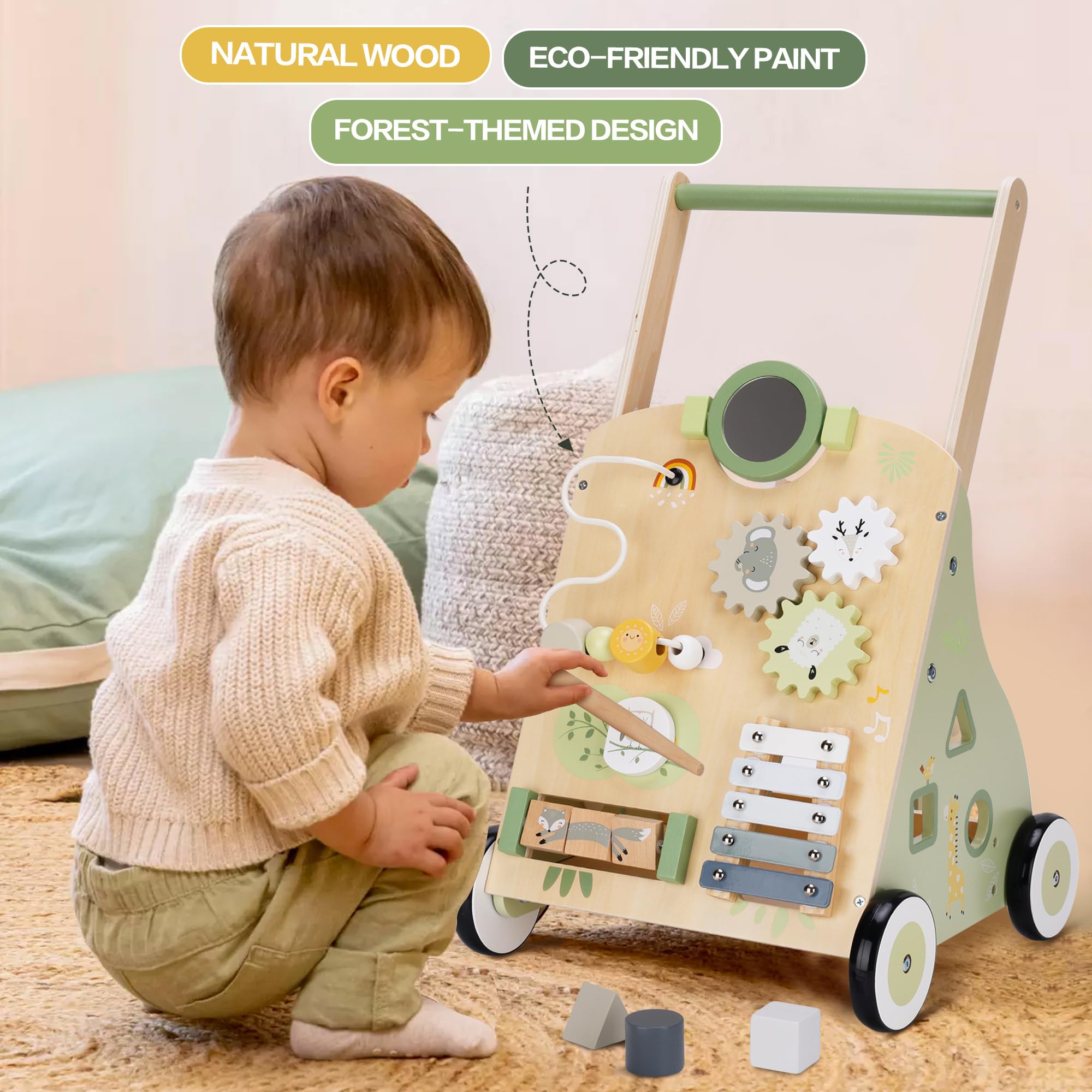 BPMFKID wooden walker rolling beads panel encourages fine motor exploration.