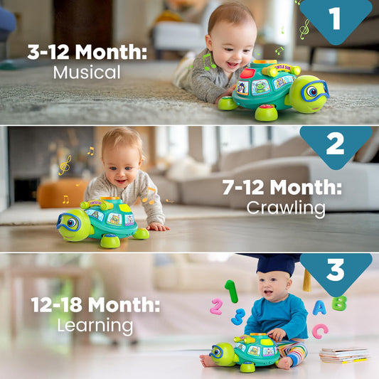 Button press action shows crawling motion and tunes for interactive play.
