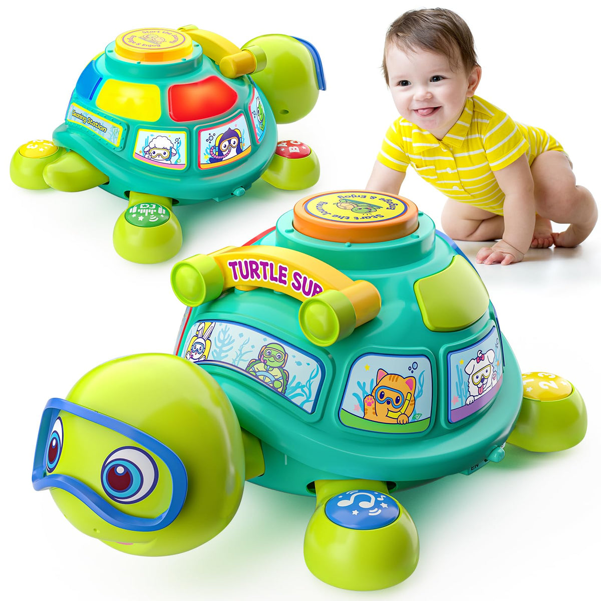 Front view of BQU musical crawling turtle with lights to engage babies.