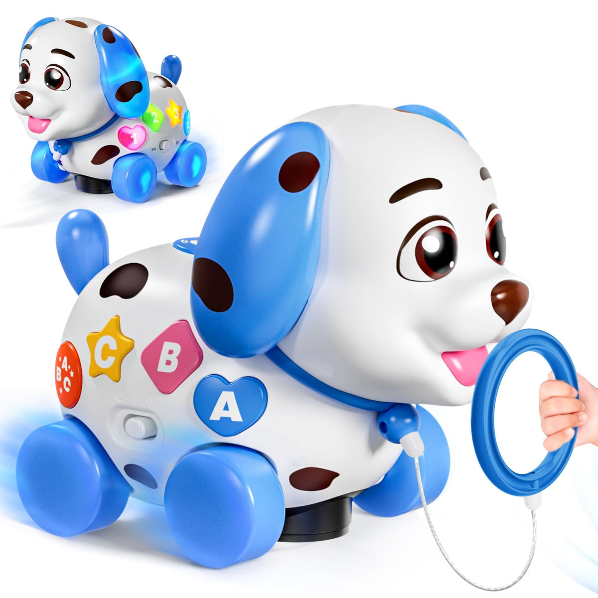 BQU Musical Puppy Toy 3-in-1 play mode with music and lights boosts early sensory engagement