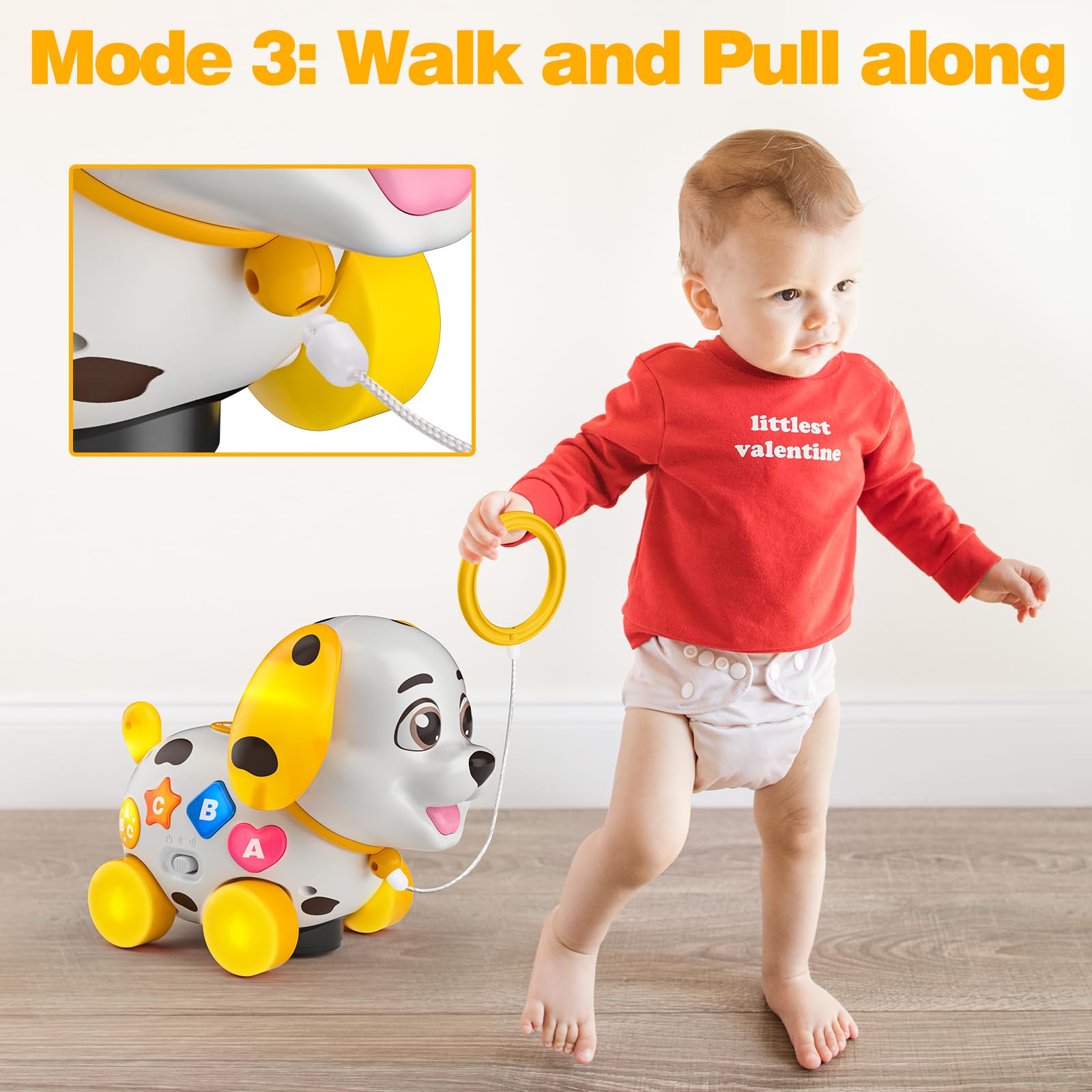 BQU Toy with universal wheels helps it avoid obstacles during play.