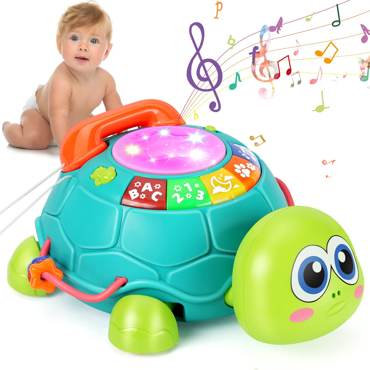 BQU Musical Turtle baby toy crawl mode enhances tummy time fun.