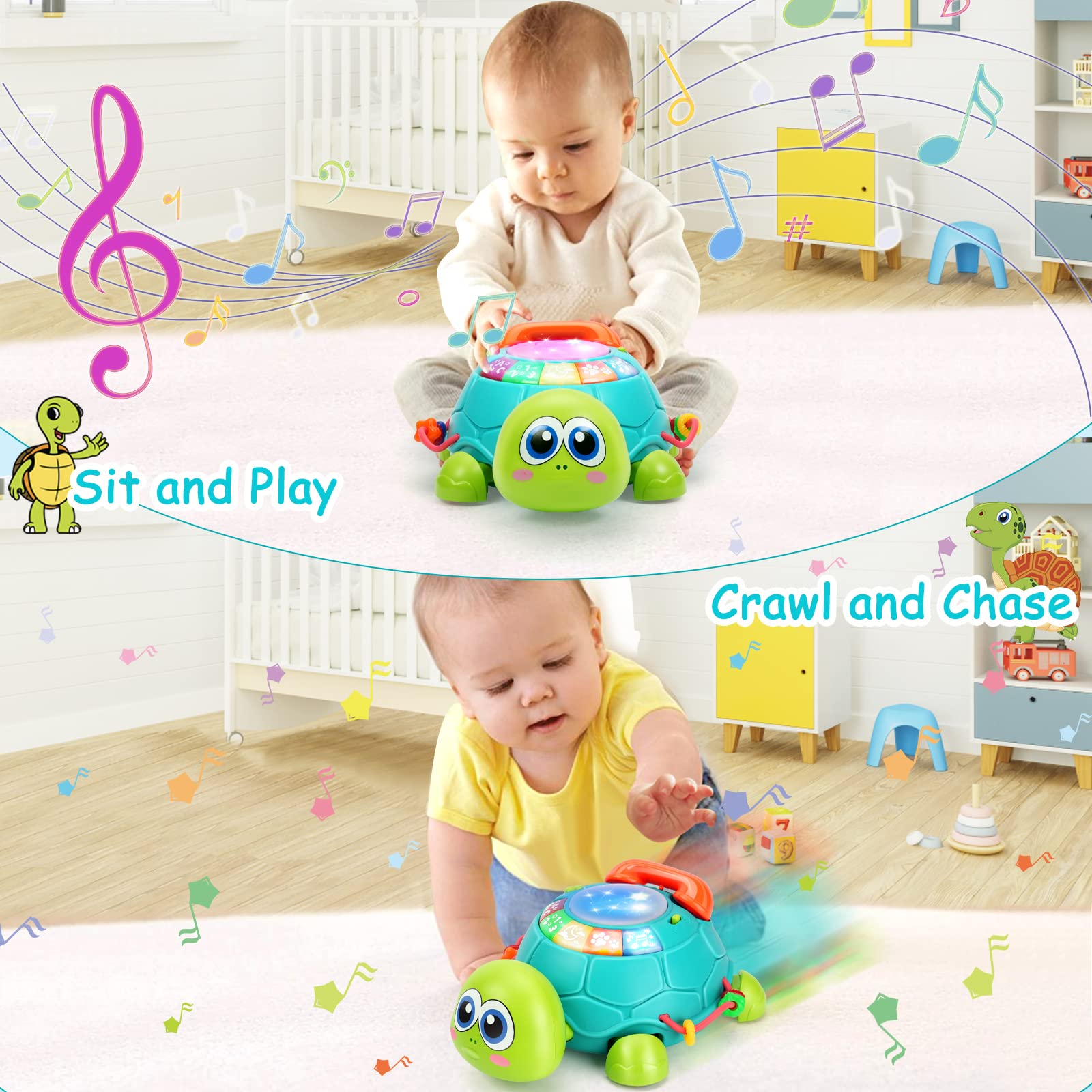 BQU Musical Turtle light-up display captivates baby during play.