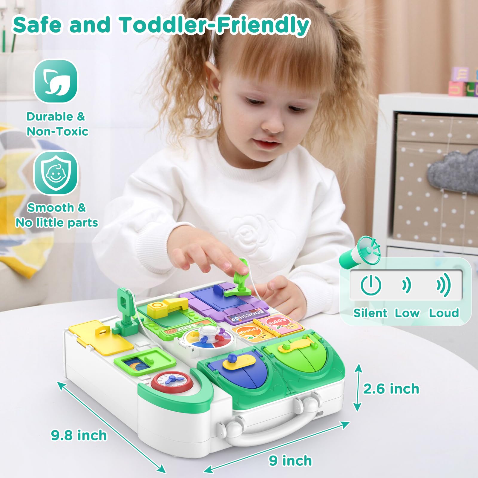 BQU Busy Board with travel handle keeps kids engaged on trips