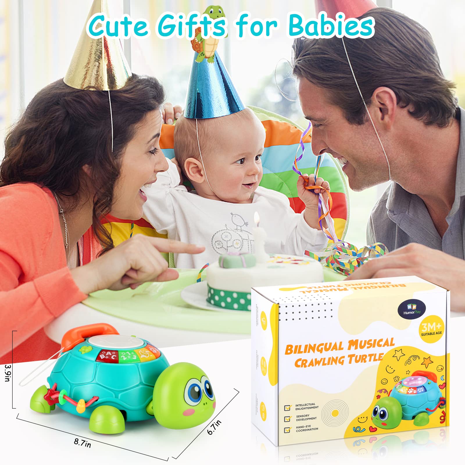 BQU turtle toy LED lights display colorful visuals for baby attention