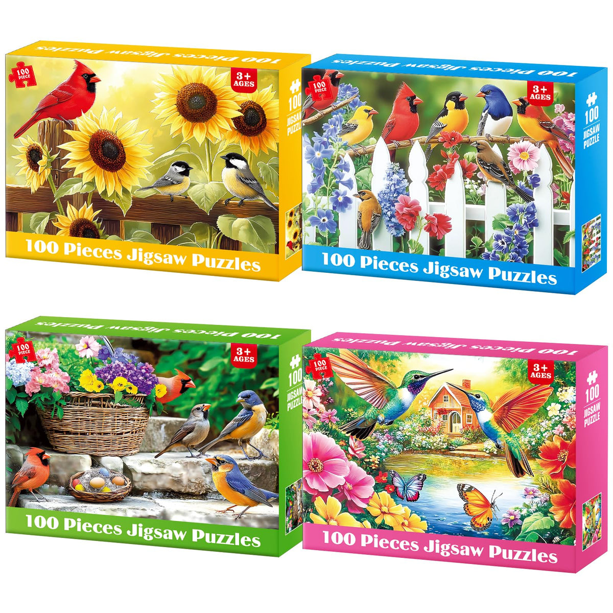 Bractowa 4-Pack puzzle cardinals with vibrant colors for family puzzle time.