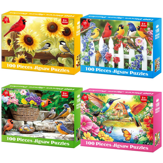 Bractowa 4-Pack puzzle cardinals with vibrant colors for family puzzle time.