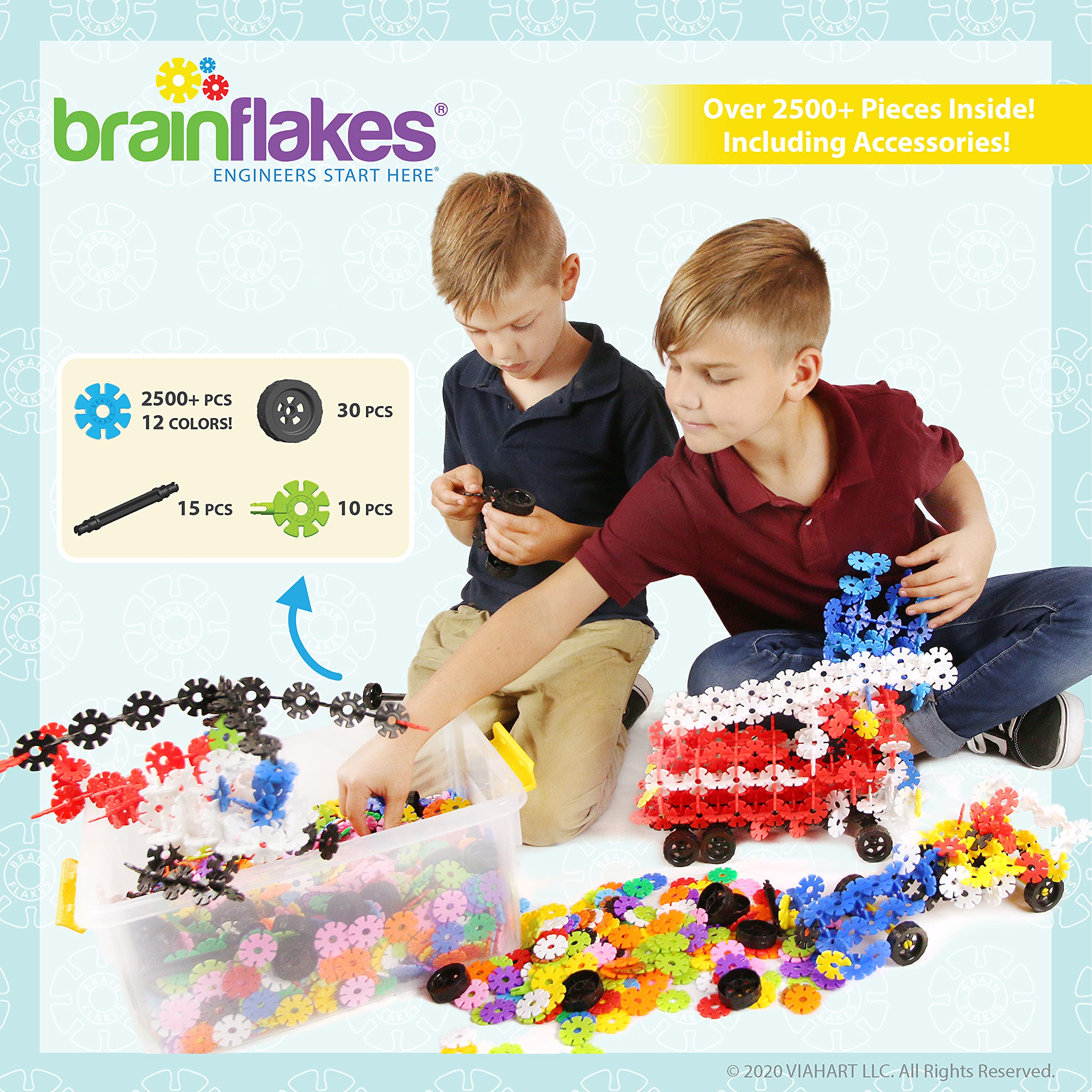 Brain Flakes axels and rotators enabling motion in creative constructions.