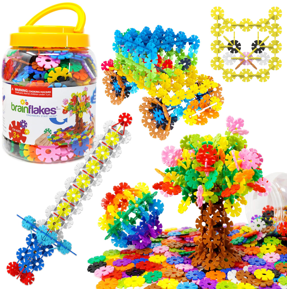 Brain Flakes storage jar with 500 discs keeps play tidy and portable.
