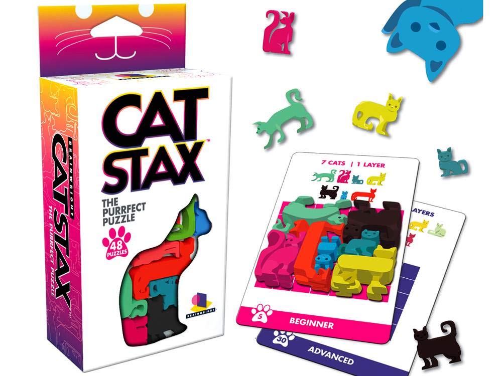 Brainwright Cat Stax figures set: colorful cat pieces for playful brain teasers on a table.