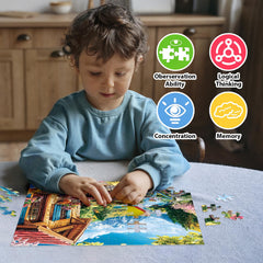 BraniacBits family puzzle assembly, four-pack packaging and posters