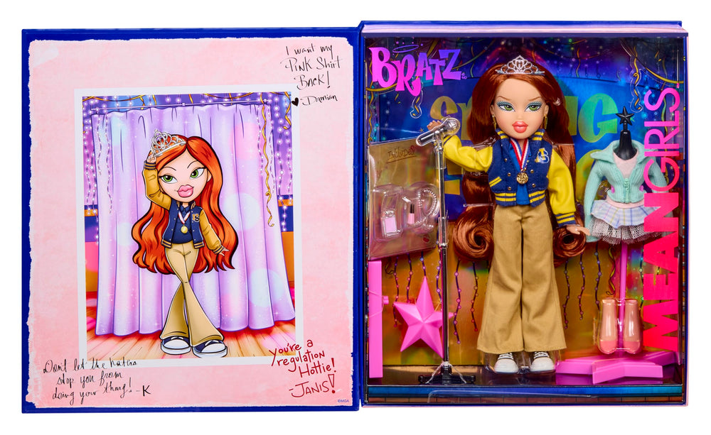 Bratz Cady in blue letterman jacket for display and school-style fashion