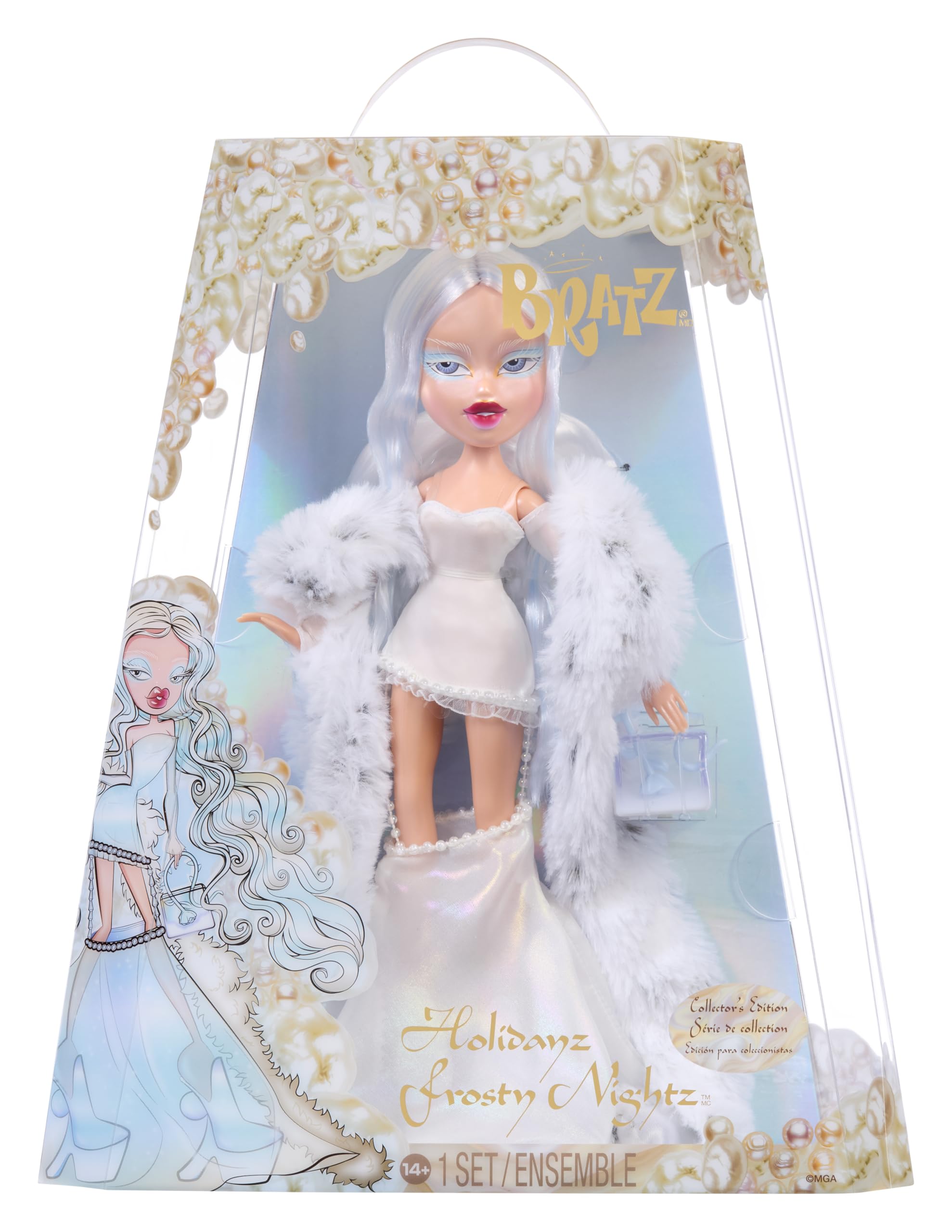 Bratz Cloe Holidayz Frosty Nightz doll in winter couture, ideal for display and collector gifting.