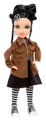 Oversized jacket with grey tee and long black skirt for a rebellious vibe.