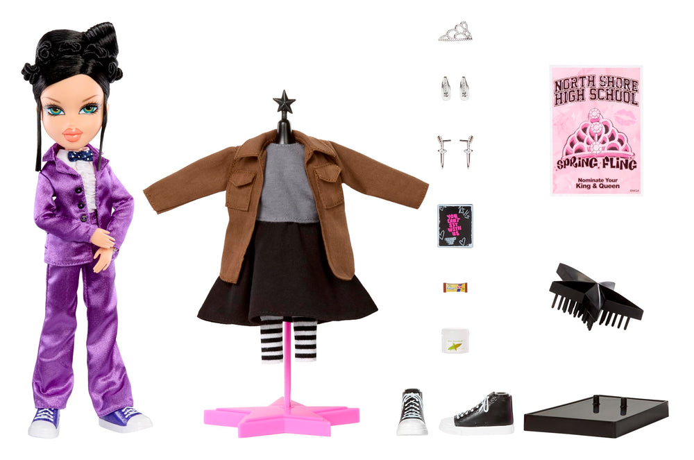 Janis in purple tuxedo look captures authentic Bratz fashion energy.