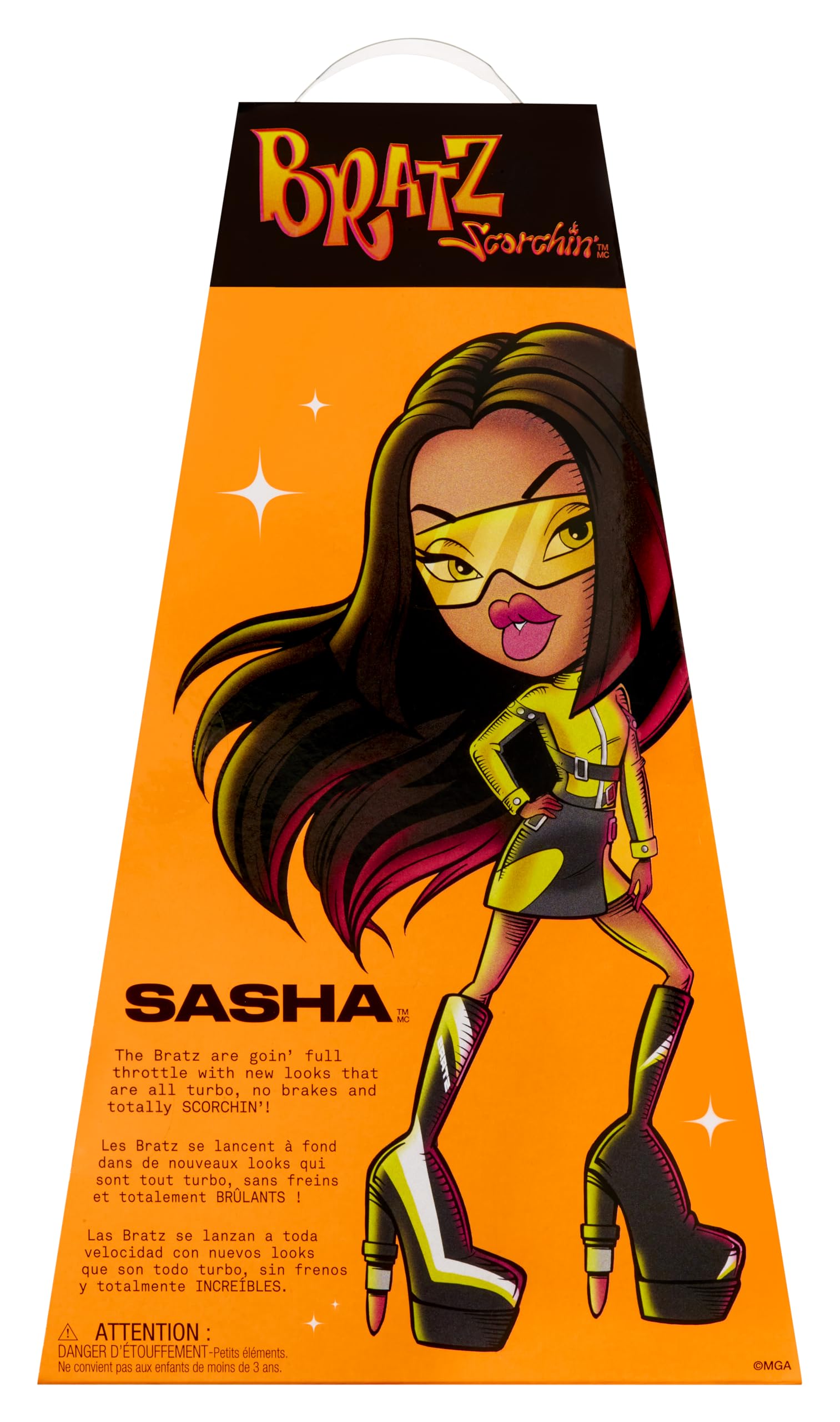 Bratz premium packaging design showcases Scorchin' Sasha display appeal.