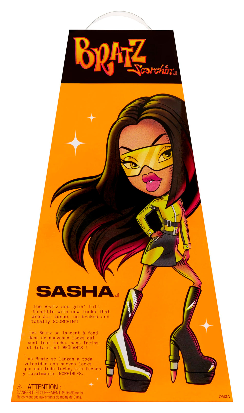 Bratz premium packaging design showcases Scorchin' Sasha display appeal.